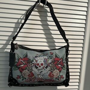 NWT Ed Hardy Love Kills Slowly Denim Front Rhinestone Embellished Shoulder Bag.